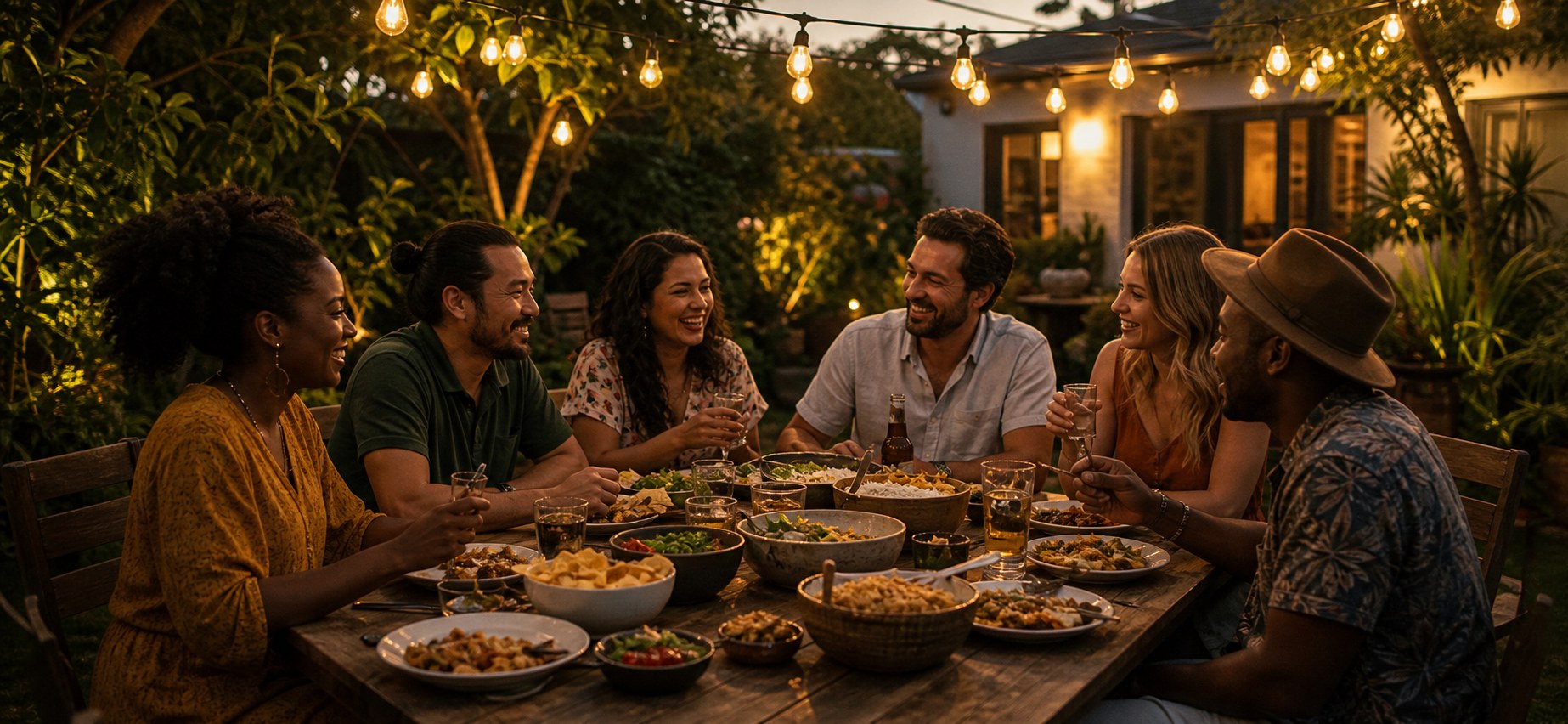 A diverse group of friends gathered for dinner in a warm Southern California backyard