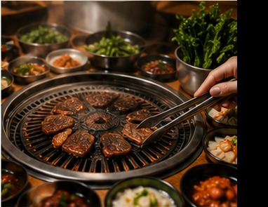 Korean barbecue grilling with banchan on the table