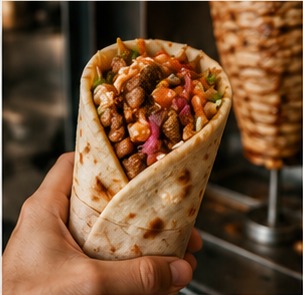 A wrapped shawarma held beside a vertical rotisserie