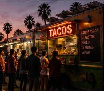 People ordering tacos from a truck at dusk